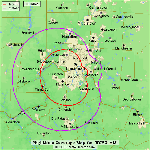 Nighttime Coverage Map for WCVG-AM